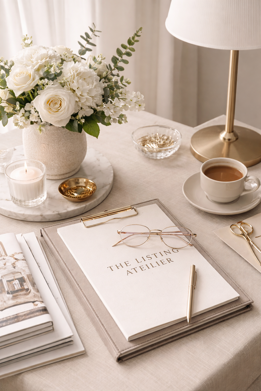 Sophisticated workspace with floral accents